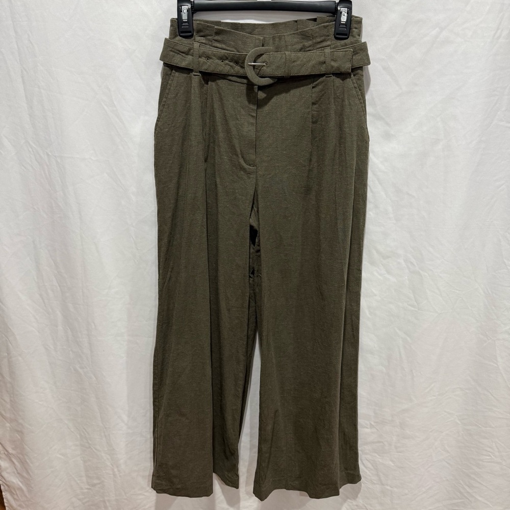 Express Wide Leg Super High Rise Belted Pants Linen Blend Olive Trouser Workwear